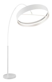 Moderne Stehleuchte LOOP in Weiß mit gebogenem Arm und rundem Lampenschirm, seitliche Perspektive
