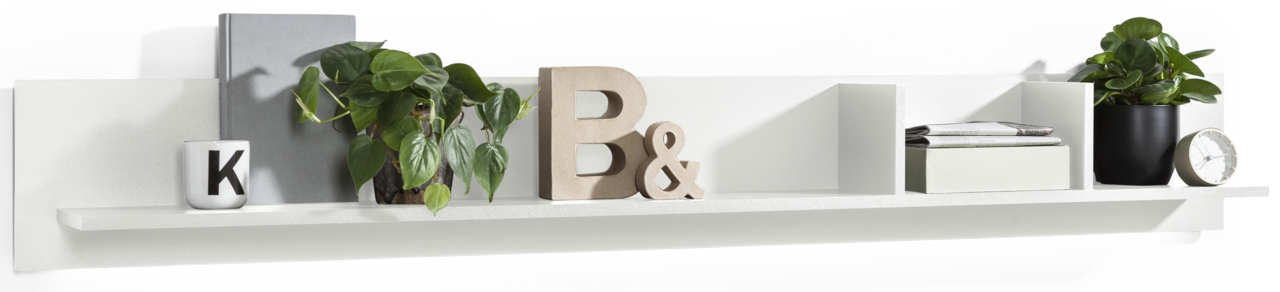 Set one by Musterring Wandboard TACOMA Weißes Wandboard mit Dekorationen wie Pflanzen, Büchern und einer Uhr, seitliche Perspektive