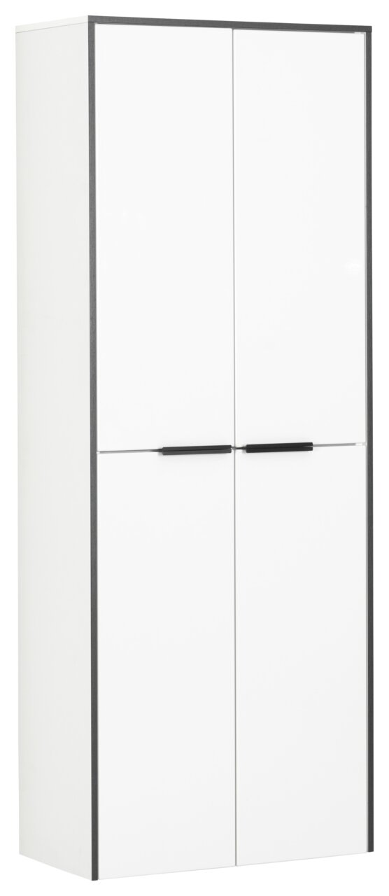 Voleo Hochschrank STELLA Moderner Hochschrank mit weißen Türen und schwarzen Griffen, seitliche Perspektive