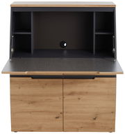 Moderner Sekretär aus Holz mit geöffneter Arbeitsfläche und Stauraum, Frontalansicht