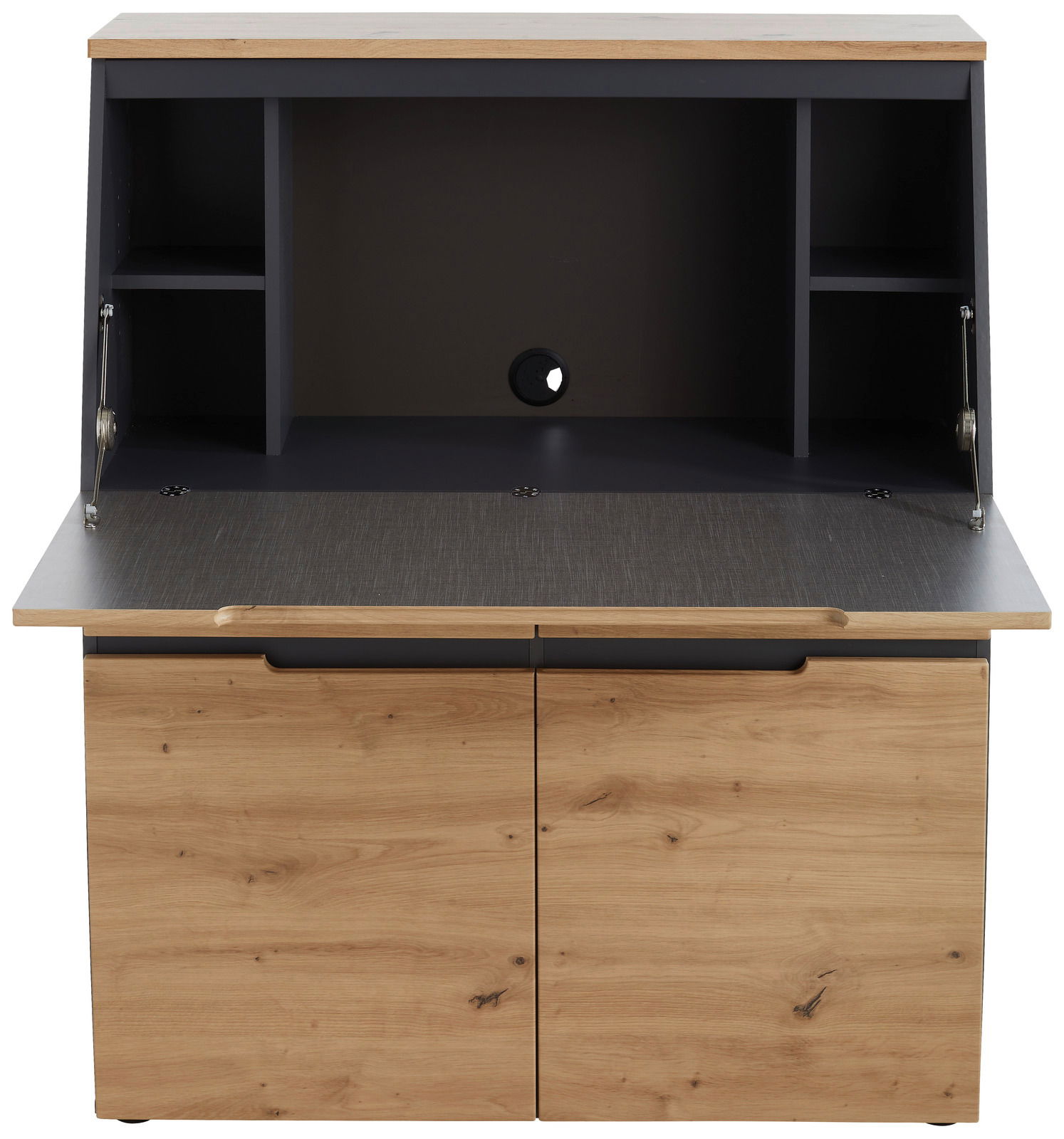 Moderner Sekretär aus Holz mit geöffneter Arbeitsfläche und Stauraum, Frontalansicht