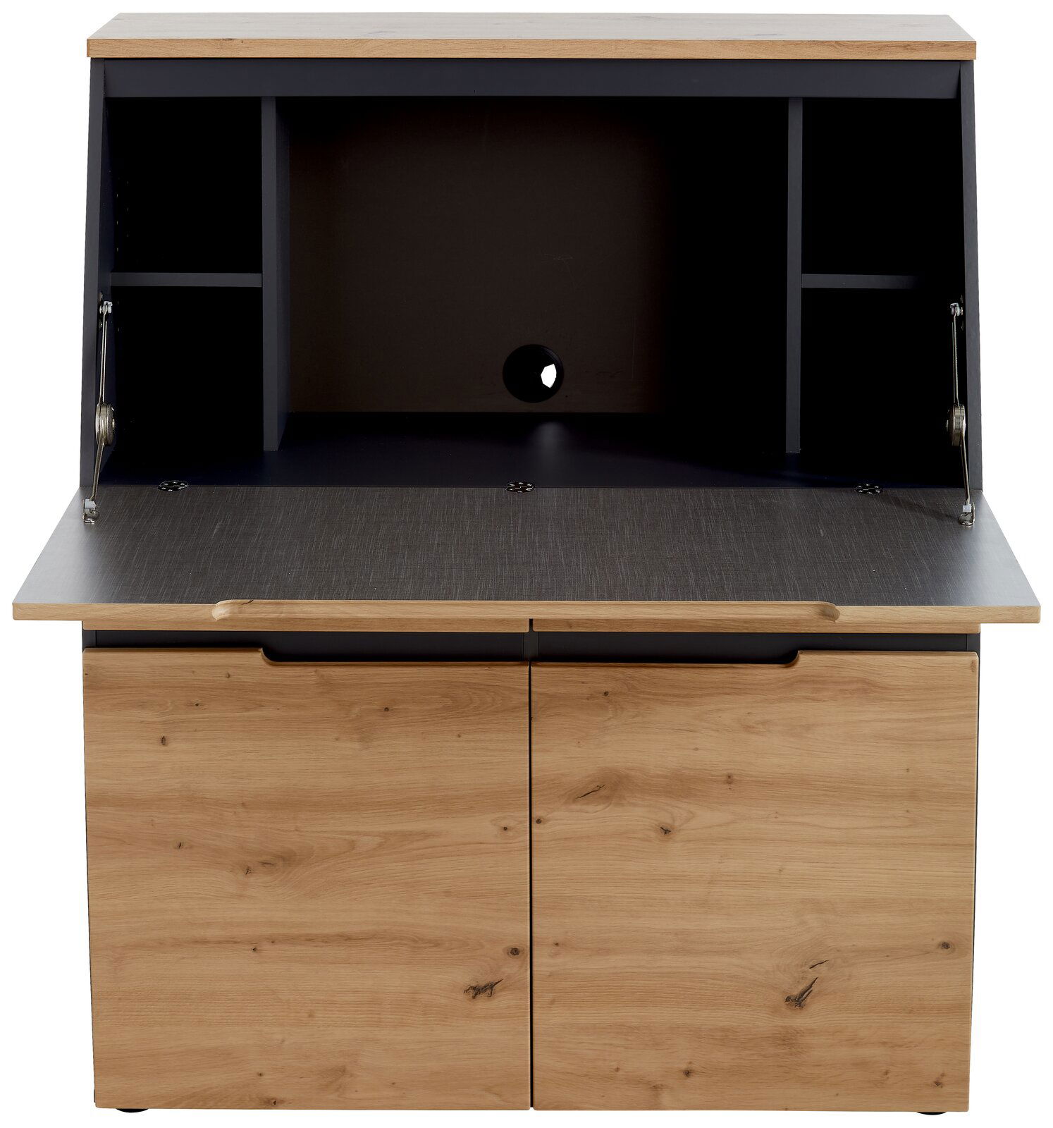 Moderner Sekretär aus Holz mit geöffneter Arbeitsfläche und Stauraum, Frontalansicht