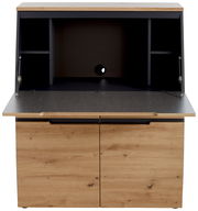 Moderner Sekretär aus Holz mit geöffneter Arbeitsfläche und Stauraum, Frontalansicht