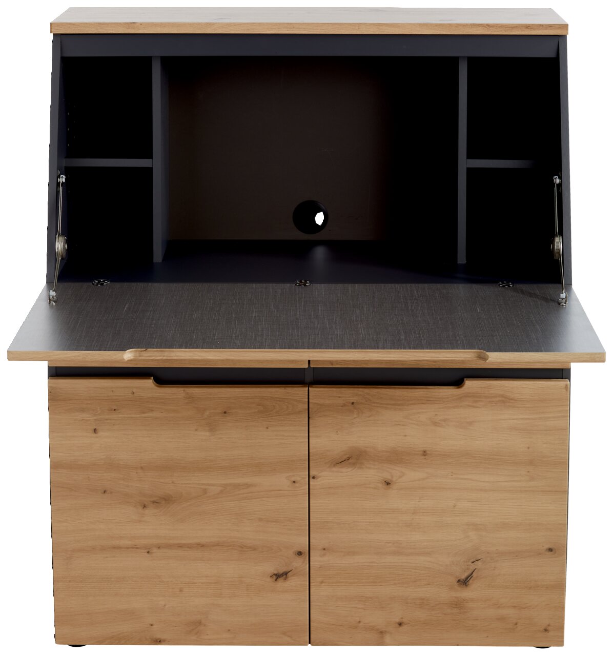 Moderner Sekretär aus Holz mit geöffneter Arbeitsfläche und Stauraum, Frontalansicht