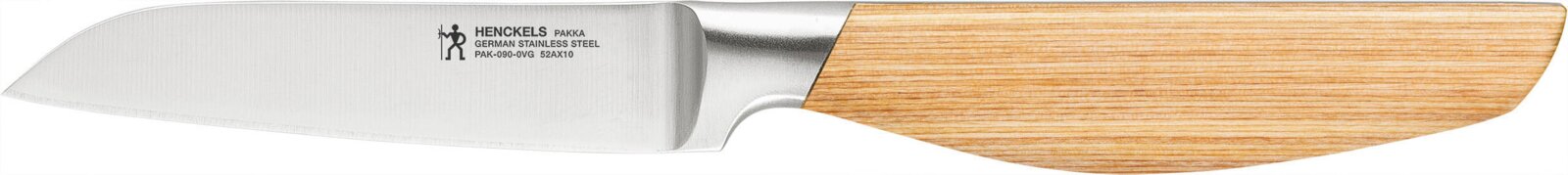 Henckels Pakka Küchenmesser aus deutschem Edelstahl mit hellbraunem Holzgriff, in seitlicher Gesamtansicht