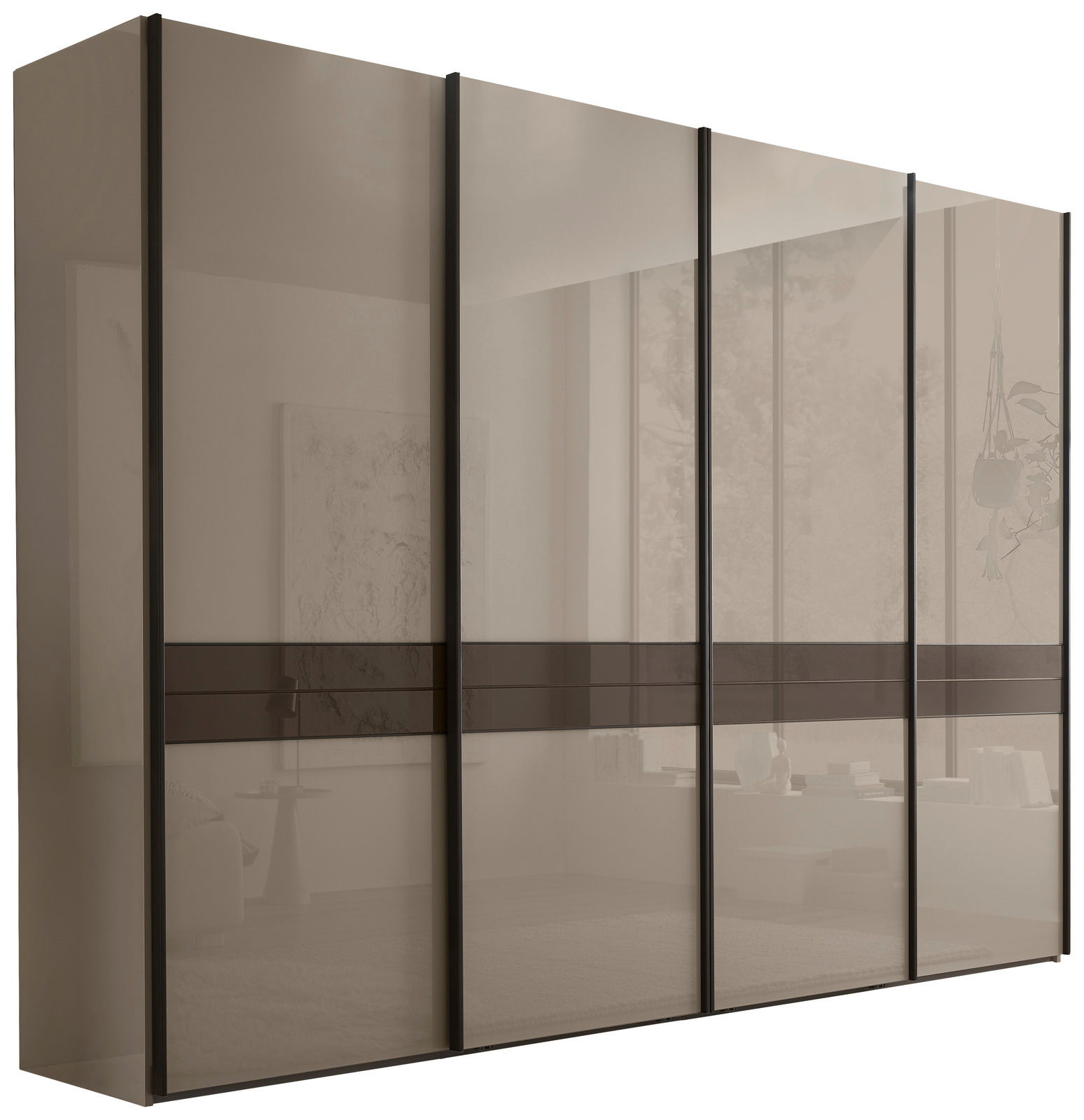 Moderner Schwebetürenschrank mit vier Türen in einer eleganten, glänzenden Oberfläche, seitliche Perspektive