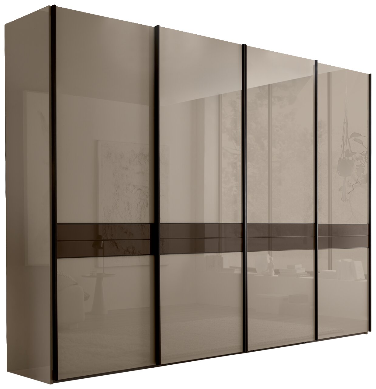 Moderner Schwebetürenschrank mit vier Türen in einer eleganten, glänzenden Oberfläche, seitliche Perspektive