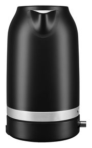 Schwarzer Wasserkocher von KitchenAid, Vorderansicht mit Ausguss und silbernem Band.