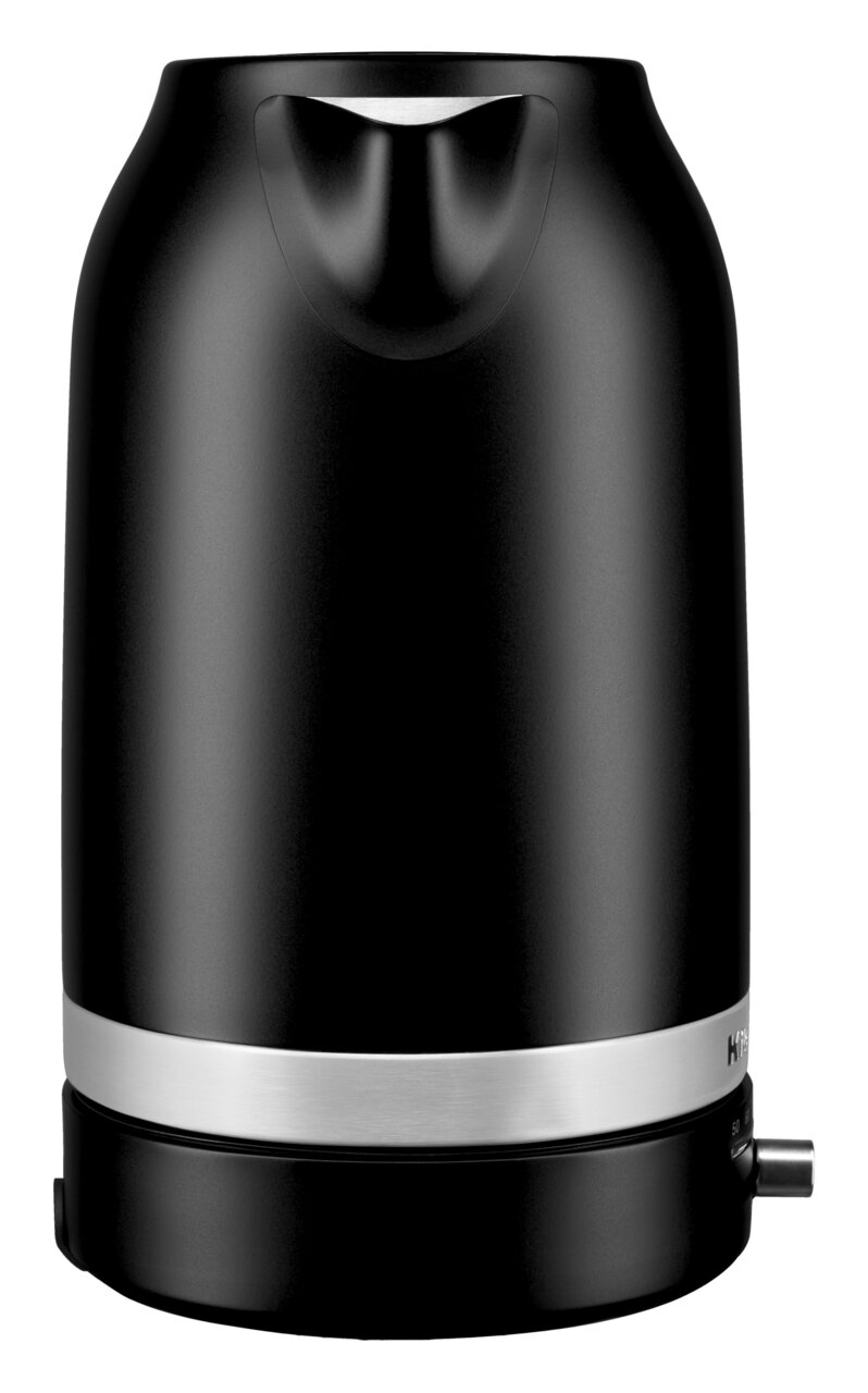 Schwarzer Wasserkocher von KitchenAid, Vorderansicht mit Ausguss und silbernem Band.
