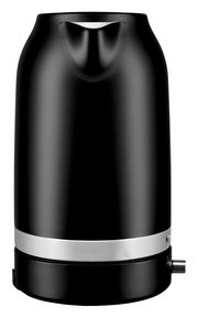 Schwarzer Wasserkocher von KitchenAid, Vorderansicht mit Ausguss und silbernem Band.