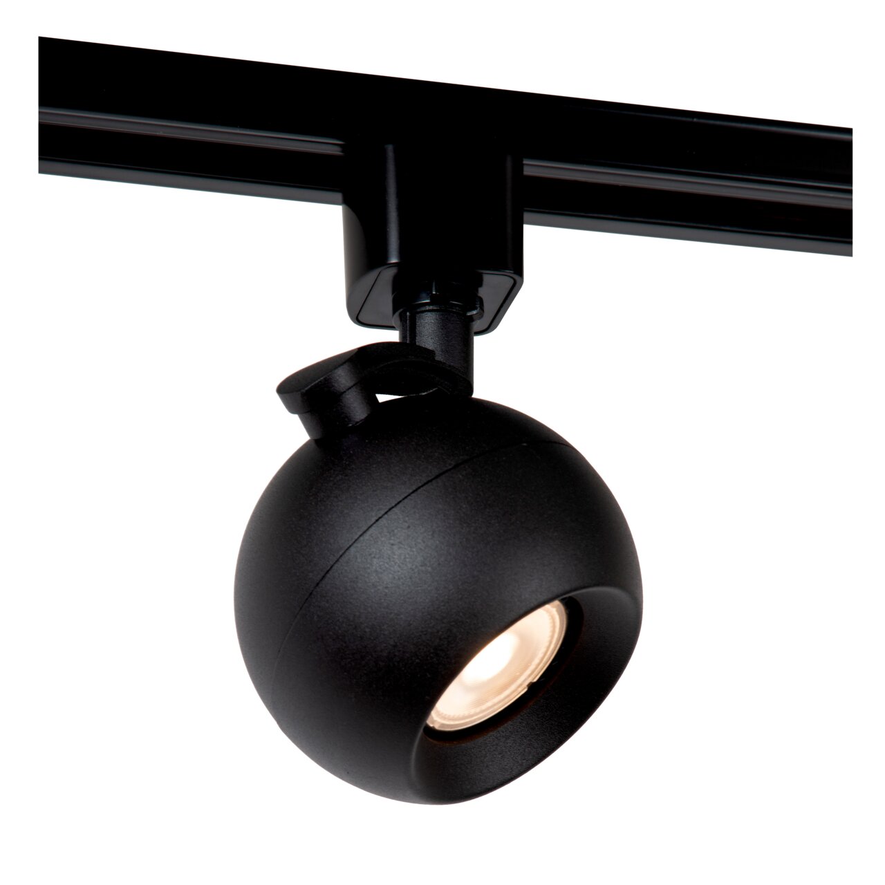 Schwarzer Strahler FAVORI von Lucide Leuchten, montiert an einer Schiene, seitliche Perspektive.