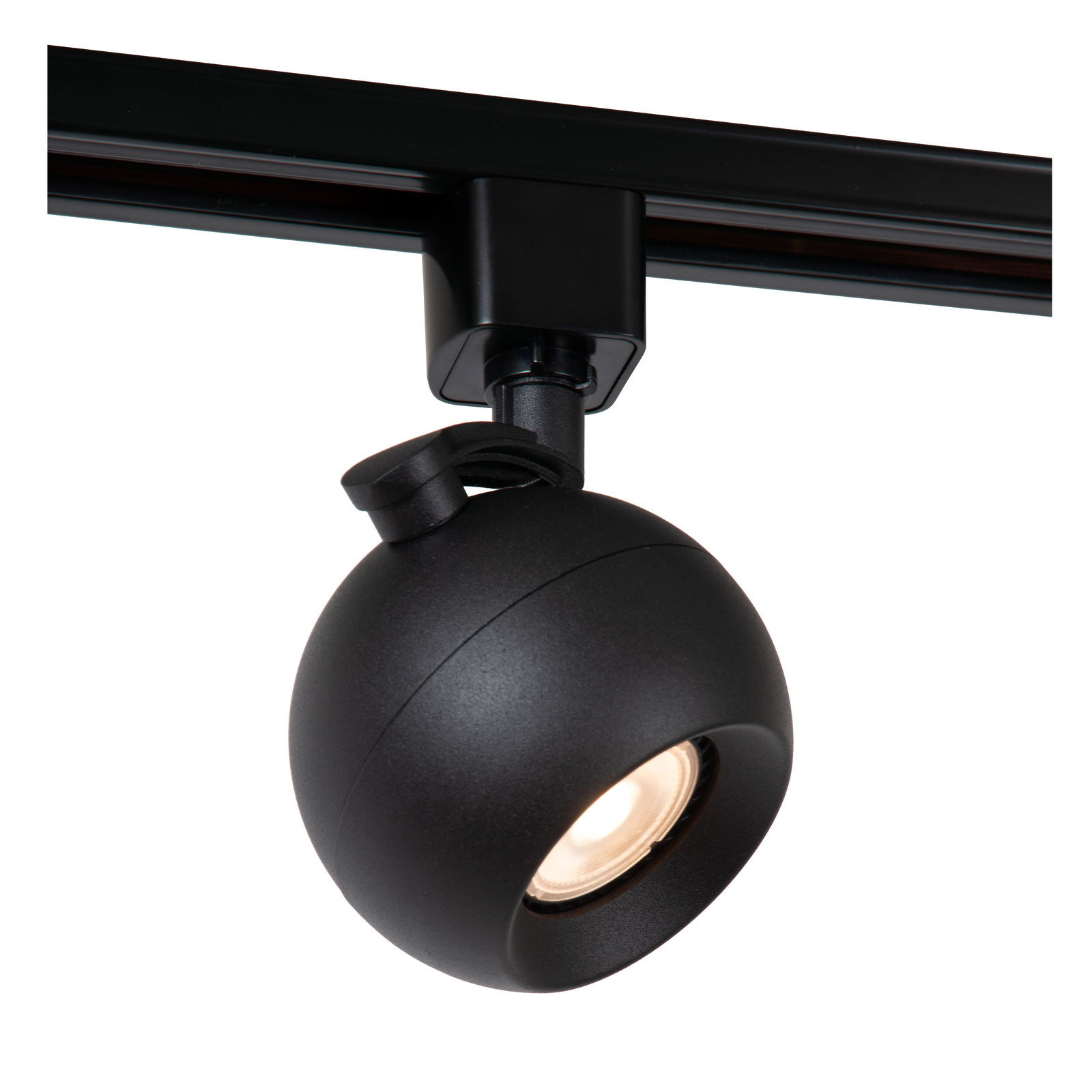 Schwarzer Strahler FAVORI von Lucide Leuchten, montiert an einer Schiene, seitliche Perspektive.