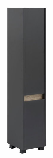 Moderner, grauer Hochschrank mit Holzdetail, seitliche Perspektive