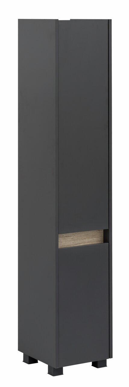 Moderner, grauer Hochschrank mit Holzdetail, seitliche Perspektive