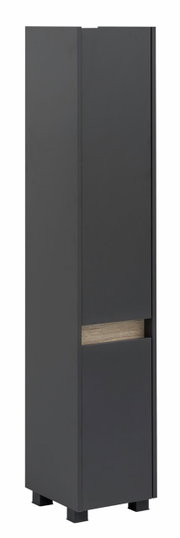 Moderner, grauer Hochschrank mit Holzdetail, seitliche Perspektive