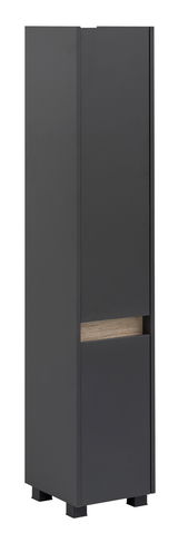 Moderner, grauer Hochschrank mit Holzdetail, seitliche Perspektive