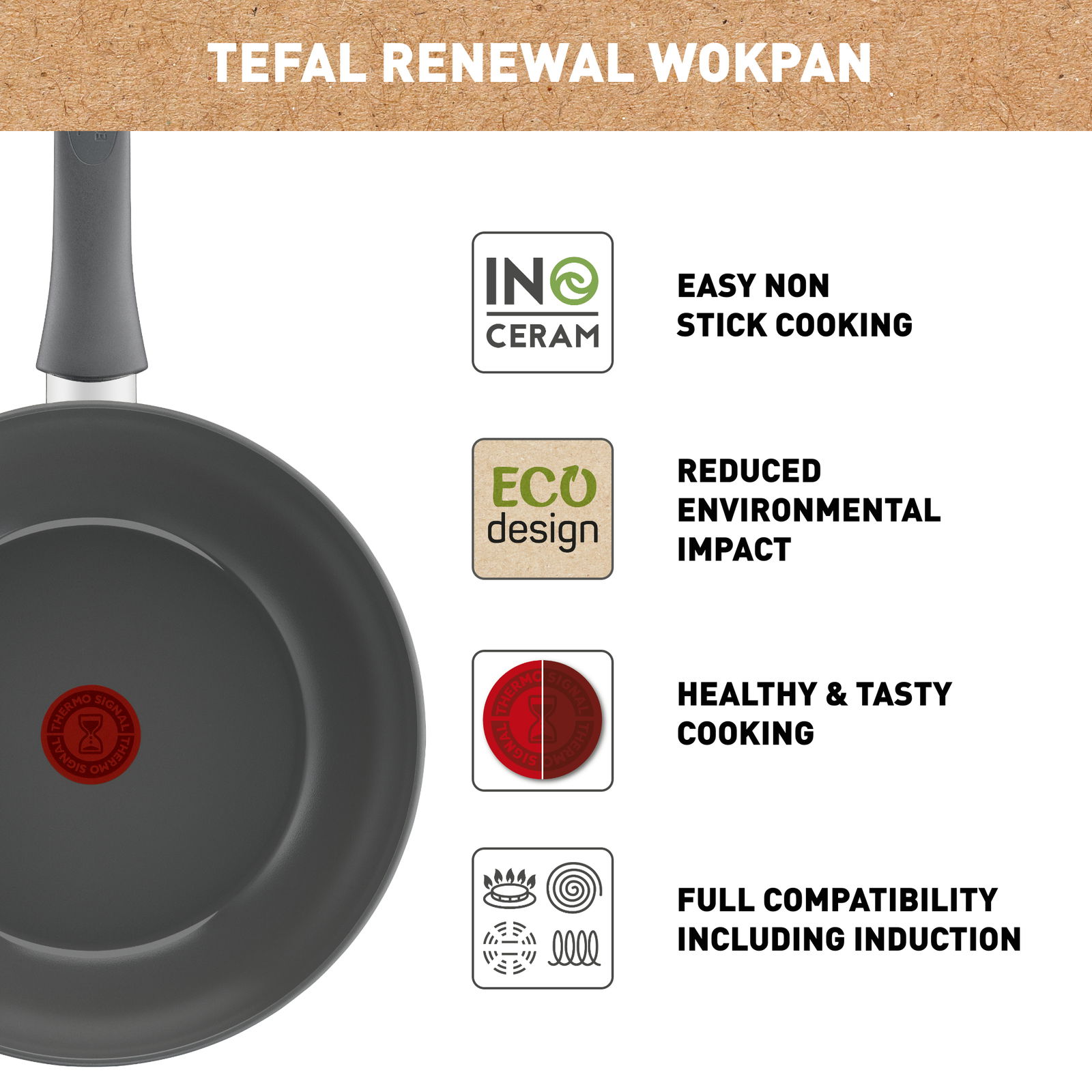 Wokpfanne 28cm Renewal von oben, mit Antihaftbeschichtung, umweltfreundlichem Design und Induktionskompatibilität.