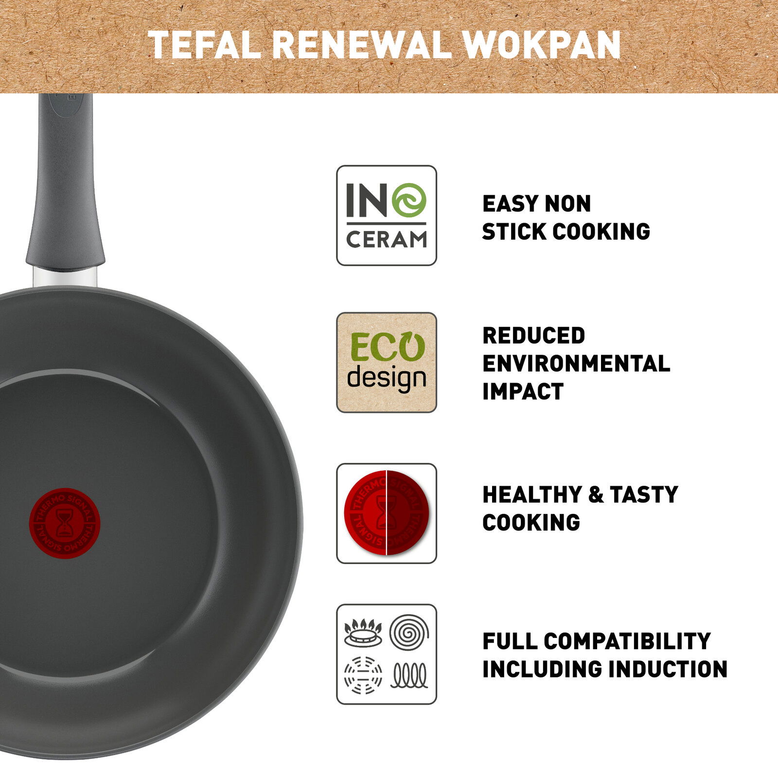 Wokpfanne 28cm Renewal von oben, mit Antihaftbeschichtung, umweltfreundlichem Design und Induktionskompatibilität.