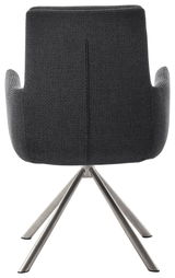 Rückansicht eines modernen Armlehnstuhls mit grauem Stoffbezug und Metallbeinen.