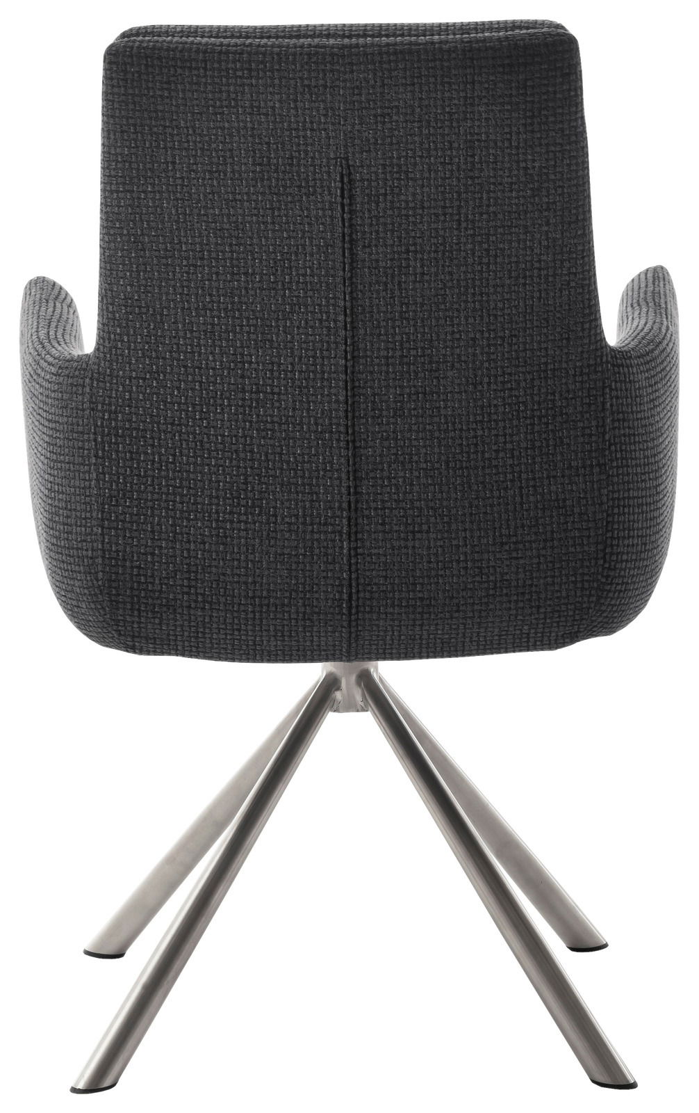 Rückansicht eines modernen Armlehnstuhls mit grauem Stoffbezug und Metallbeinen.