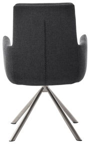 Rückansicht eines modernen Armlehnstuhls mit grauem Stoffbezug und Metallbeinen.