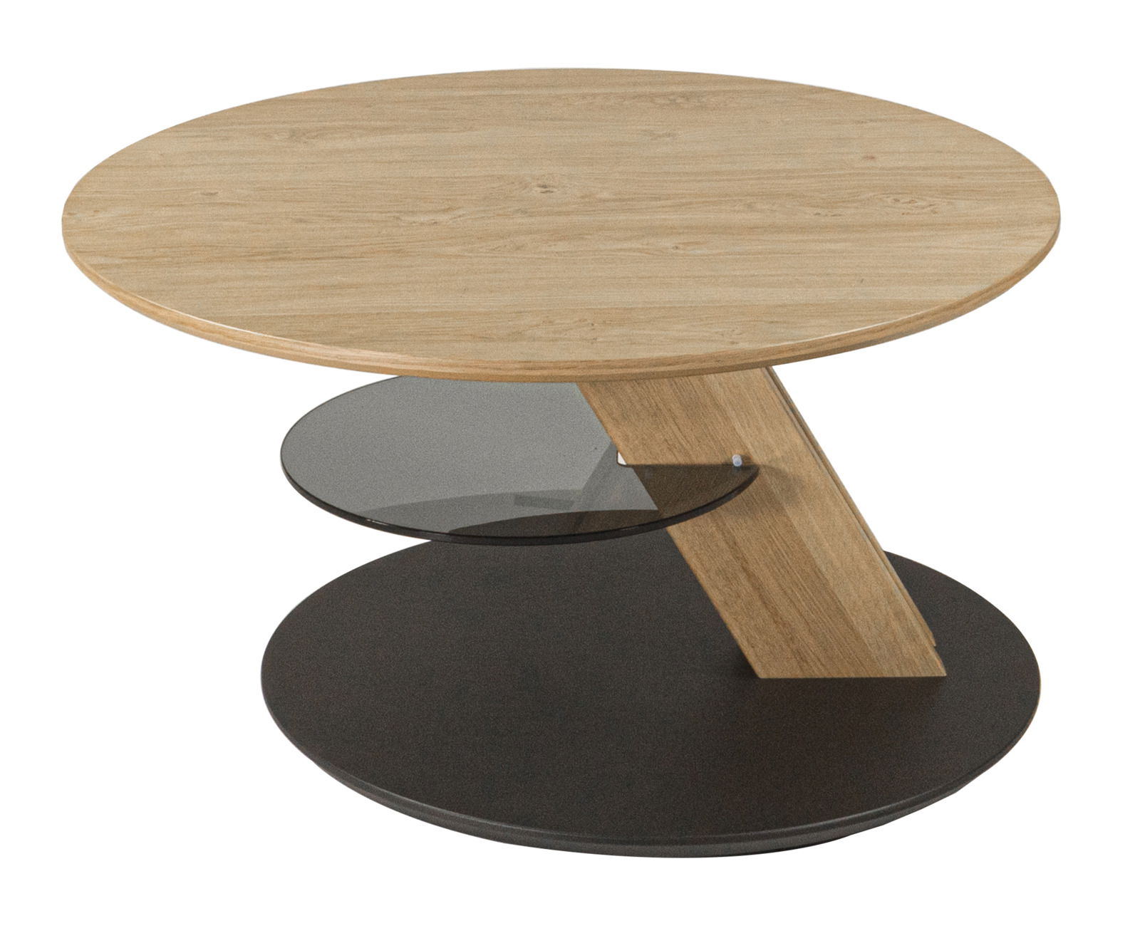 Novel Salontafel 567X Moderner runder Couchtisch aus Holz mit Glasablage, seitliche Perspektive