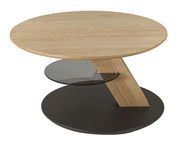 Moderner runder Couchtisch aus Holz mit Glasablage, seitliche Perspektive
