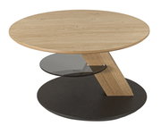 Moderner runder Couchtisch aus Holz mit Glasablage, seitliche Perspektive