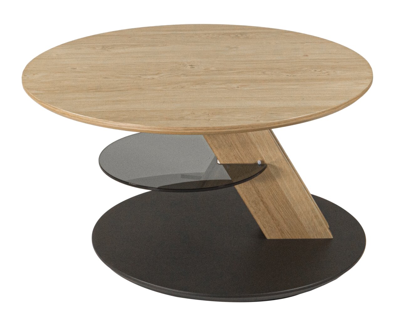 Moderner runder Couchtisch aus Holz mit Glasablage, seitliche Perspektive