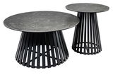 Zwei moderne Couchtische mit runden, grauen Tischplatten und schwarzen, gitterartigen Untergestellen. Perspektive von schräg oben.