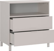 Weiße Kommode mit zwei offenen Schubladen und einem offenen Fach, seitliche Perspektive