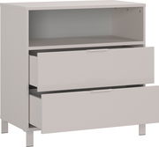 Weiße Kommode mit zwei offenen Schubladen und einem offenen Fach, seitliche Perspektive