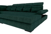Großes dunkelgrünes Stoff-Schlafsofa mit hoher Rückenlehne, mehreren Kissen und ausklappbarer Armlehne/Seitenteil, gezeigt in schräger Vorderansicht von rechts.