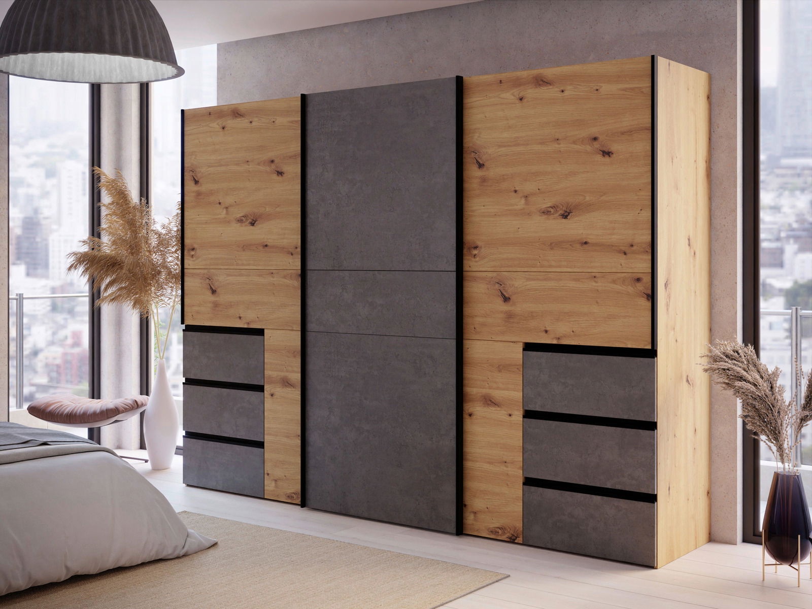 Z2 Schwebetürenschrank 3-trg. WINN2 Moderner dreitüriger Schwebetürenschrank in Holz- und Betonoptik, seitliche Perspektive im Schlafzimmer mit großen Fenstern.
