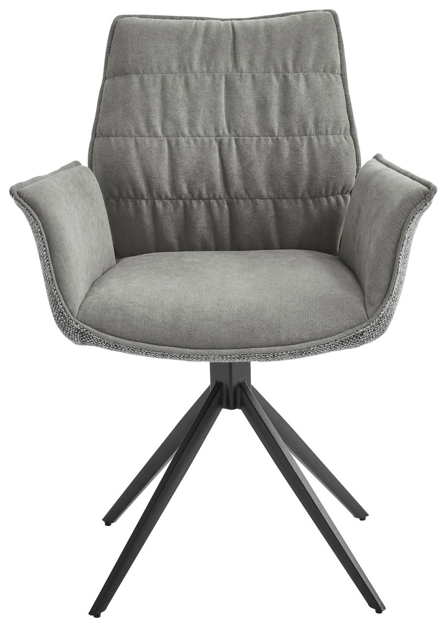 Grauer Sessel mit gepolstertem Sitz und Rückenlehne, schwarzes Metallgestell, Frontalansicht