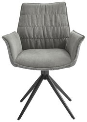 Grauer Sessel mit gepolstertem Sitz und Rückenlehne, schwarzes Metallgestell, Frontalansicht