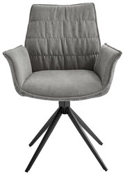 Grauer Sessel mit gepolstertem Sitz und Rückenlehne, schwarzes Metallgestell, Frontalansicht