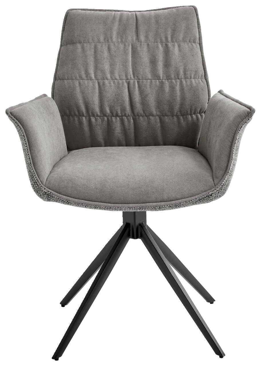 Grauer Sessel mit gepolstertem Sitz und Rückenlehne, schwarzes Metallgestell, Frontalansicht