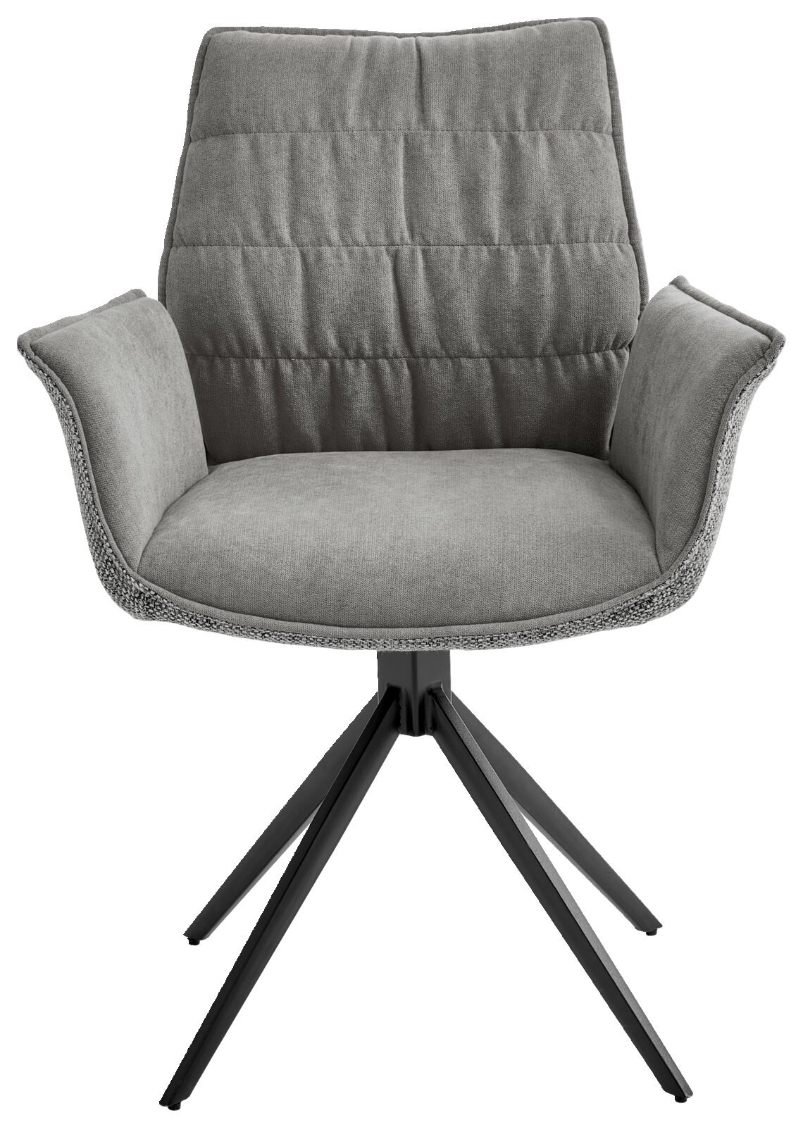 Grauer Sessel mit gepolstertem Sitz und Rückenlehne, schwarzes Metallgestell, Frontalansicht