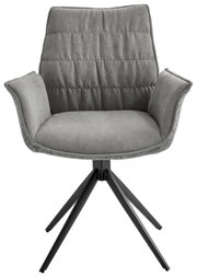 Grauer Sessel mit gepolstertem Sitz und Rückenlehne, schwarzes Metallgestell, Frontalansicht