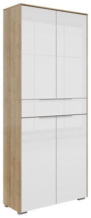 Moderner Aktenschrank mit vier Türen und einer Schublade, in Holzoptik und weißem Hochglanz, seitliche Perspektive.