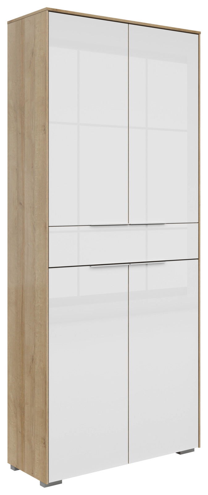 Voleo Aktenschrank 4-türig NEVADA Moderner Aktenschrank mit vier Türen und einer Schublade, in Holzoptik und weißem Hochglanz, seitliche Perspektive.