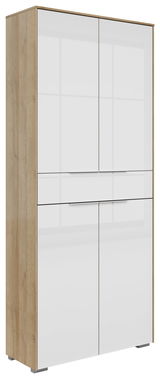 Moderner Aktenschrank mit vier Türen und einer Schublade, in Holzoptik und weißem Hochglanz, seitliche Perspektive.
