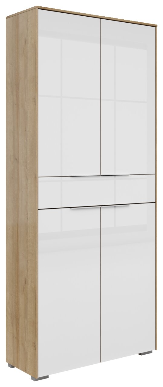 Moderner Aktenschrank mit vier Türen und einer Schublade, in Holzoptik und weißem Hochglanz, seitliche Perspektive.