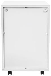 Weißer Rollcontainer, Vorderansicht, mit zwei sichtbaren Rollen und einem schlichten Design.