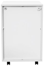 Weißer Rollcontainer, Vorderansicht, mit zwei sichtbaren Rollen und einem schlichten Design.