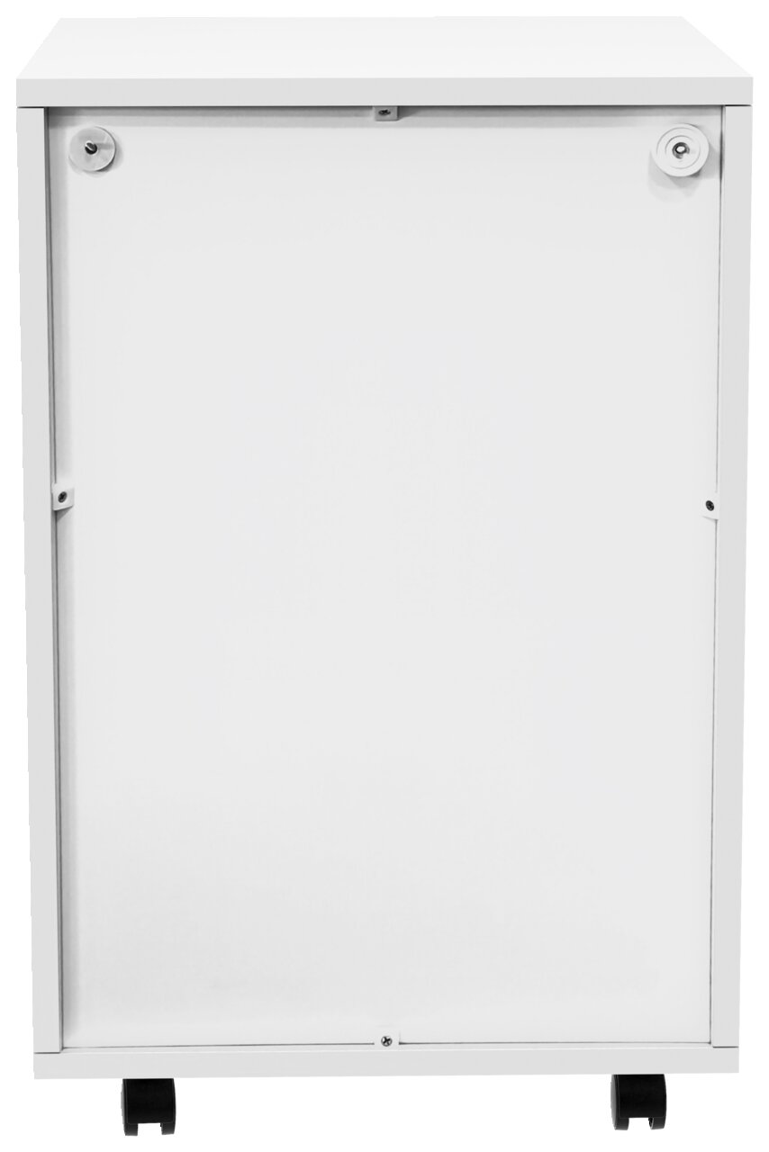 Weißer Rollcontainer, Vorderansicht, mit zwei sichtbaren Rollen und einem schlichten Design.