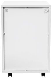 Witte rolcontainer, vooraanzicht, met twee zichtbare wieltjes en een strak ontwerp.