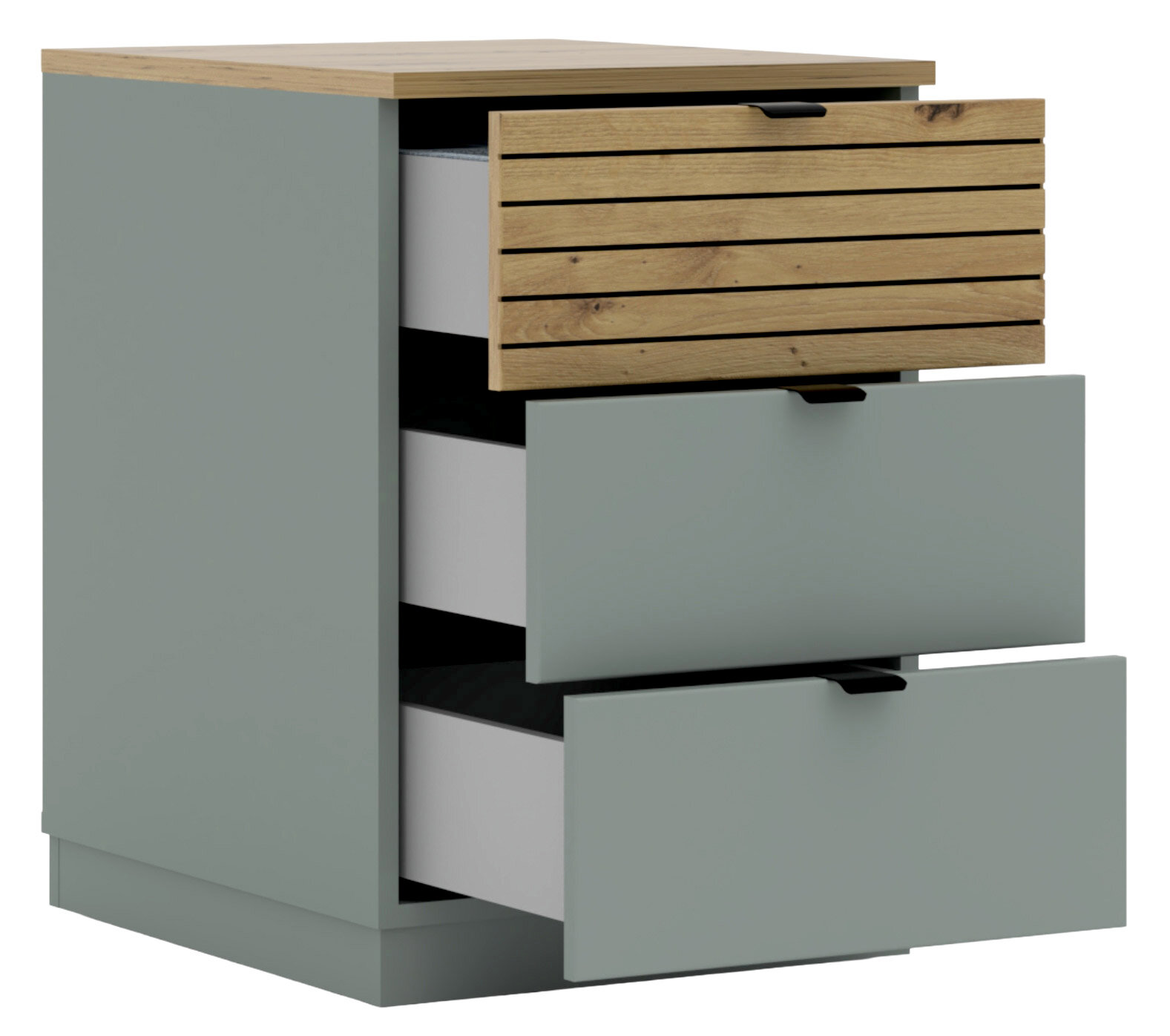 Kommode mit drei Schubladen, obere Schublade aus Holz, die anderen in Grau, Perspektive von vorne links