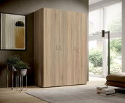 Drehtürenschrank 3-türig in Holzoptik, seitliche Perspektive, in modernem Wohnzimmer mit großen Fenstern und Pflanzen.